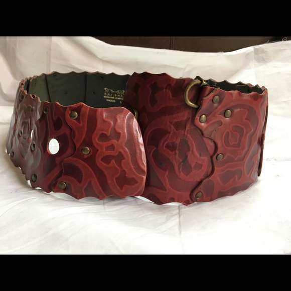 Okie dokie red print wide leather obi belt - Picture 3 of 6